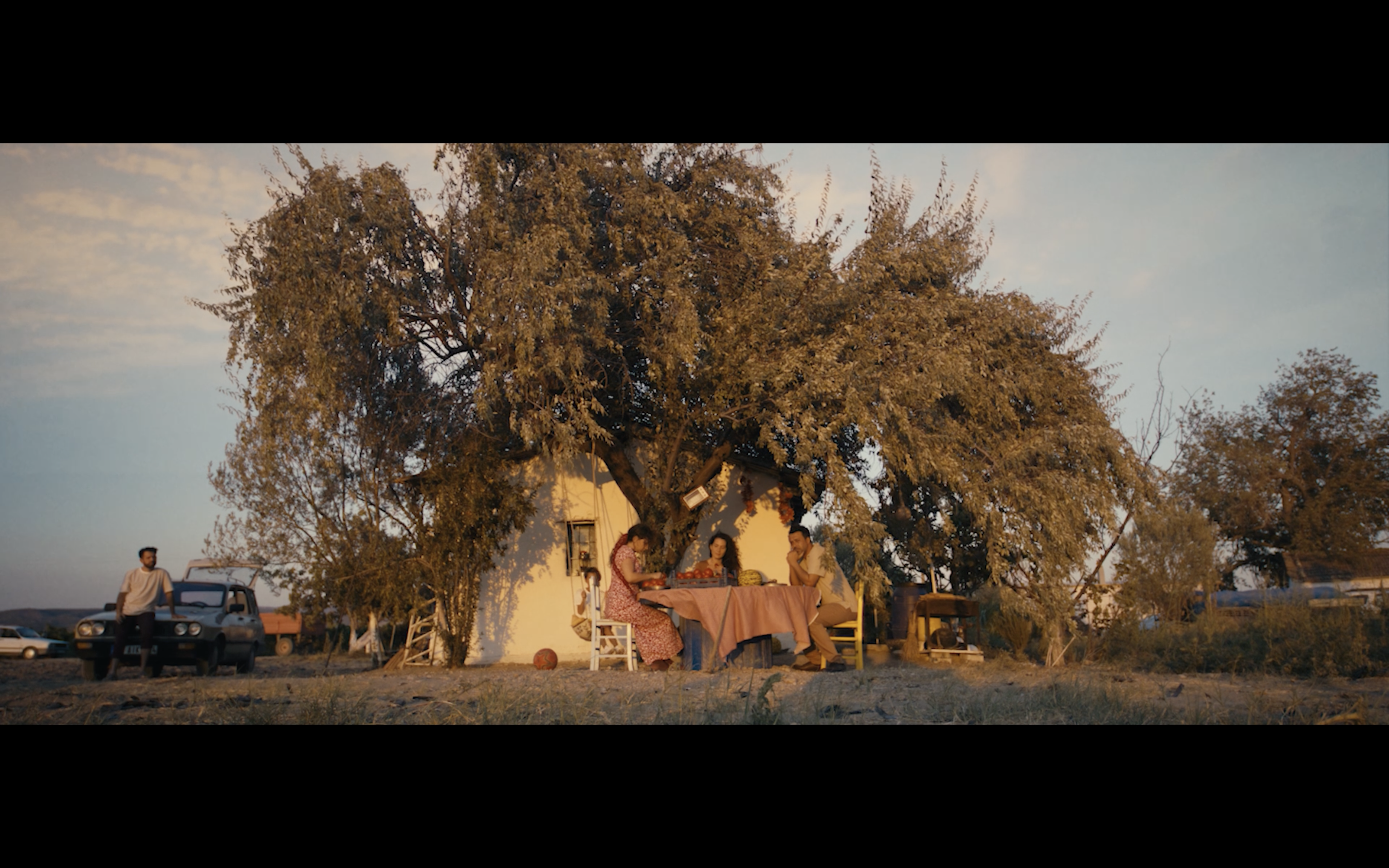 Kavanoz — Figures beside a large tree and a rural house in warm evening light.